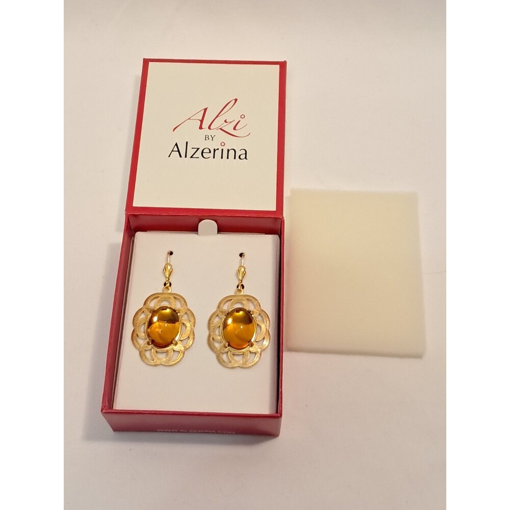 Alzi by Alzerina Gold Tone Filigree 2" Drop Earrings Amber Effect Cabochon NIB